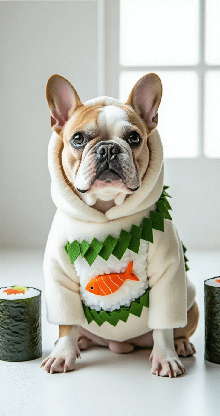 A French bulldog in a sushi roll costume with white fabric, green felt seaweed trim, and felt fish details, sitting in a minimalist white studio with soft natural lighting, displaying a bemused expression.
