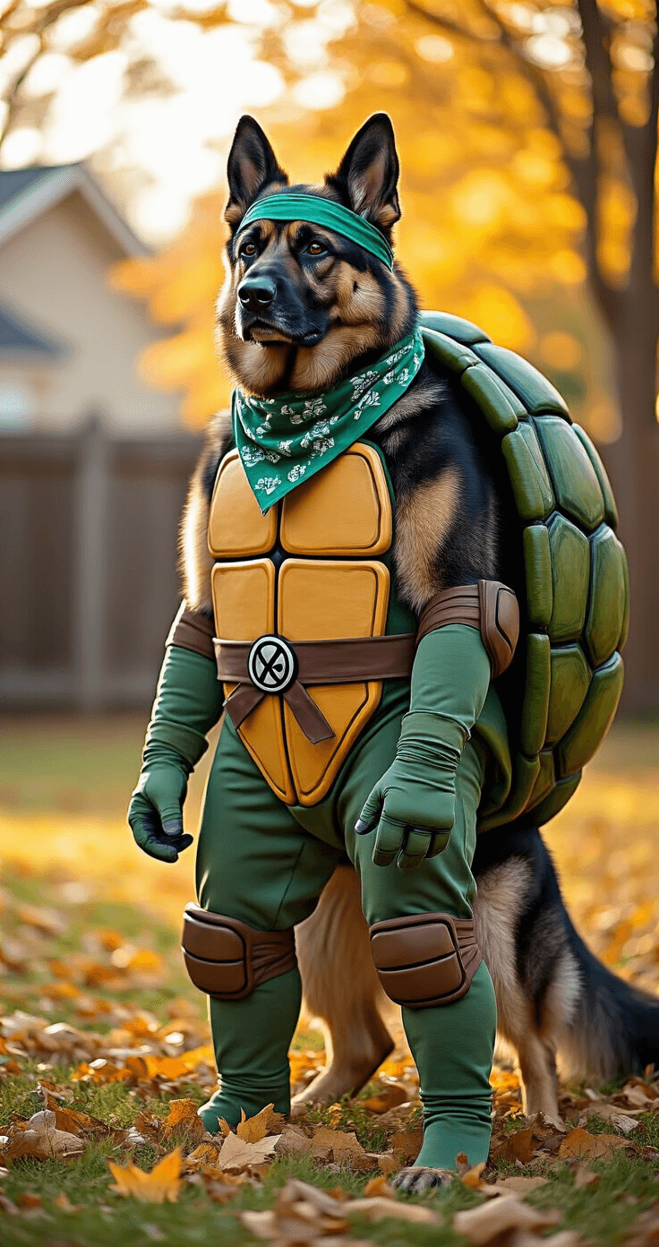 A muscular German shepherd in a detailed Teenage Mutant Ninja Turtle costume stands in a suburban backyard adorned with autumn leaves, bathed in golden afternoon light, showcasing a vibrant bandana and ninja accessories.