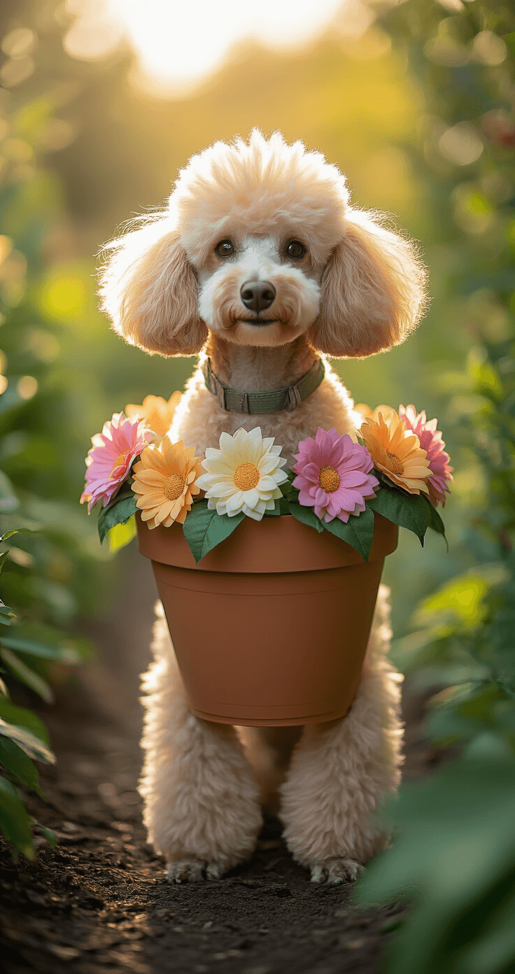 A poodle in a flower pot costume, featuring realistic fabric flowers, poses in a sunlit garden surrounded by plants, captured in hyper-realistic photography with sharp focus on the costume and a blurred background.