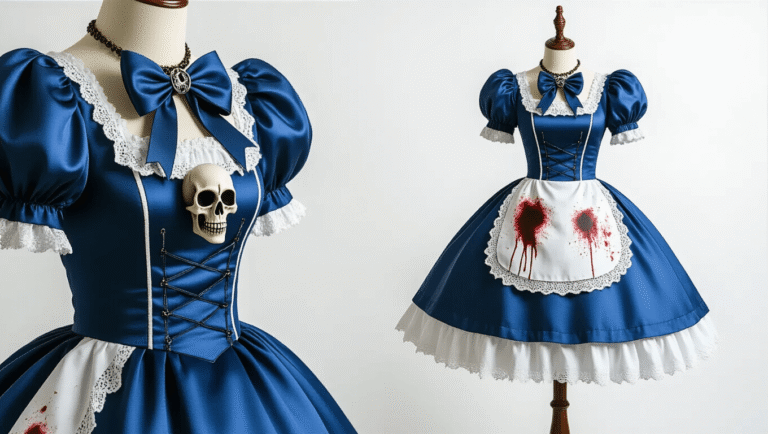 A detailed cosplay costume of Alice from Madness Returns, featuring a blue satin dress with puffed sleeves, a white lace-trimmed petticoat, a weathered white apron with blood spatter, a creepy skull bow hair accessory, and an Omega necklace, displayed on a vintage dress form against a clean white background.