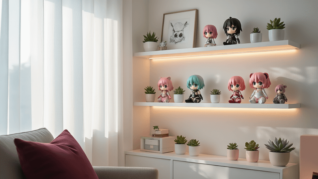 A modern minimalist corner showcasing white floating shelves adorned with anime figurines, accented by mint and blush colors, small potted succulents, and warm natural light filtering through sheer curtains, complemented by professional lighting and a cozy reading chair.