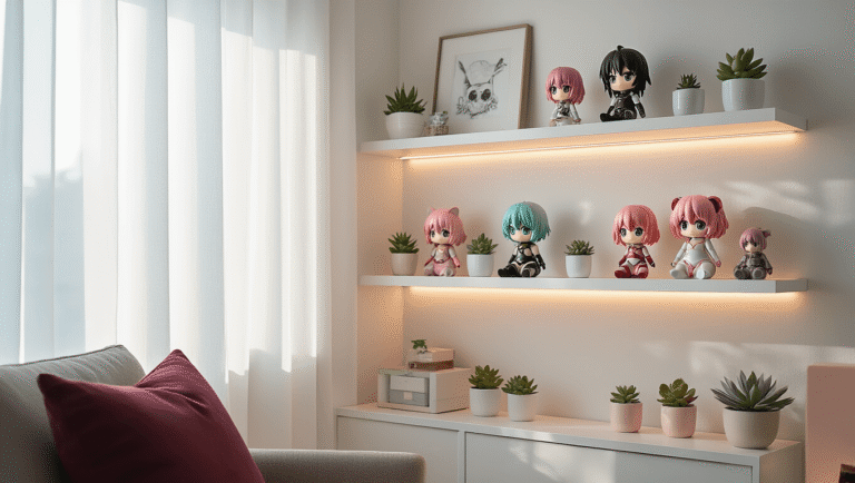 A modern minimalist corner showcasing white floating shelves adorned with anime figurines, accented by mint and blush colors, small potted succulents, and warm natural light filtering through sheer curtains, complemented by professional lighting and a cozy reading chair.