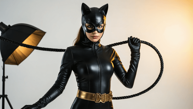 A sleek black leather catsuit with a tactical cat ear mask and fingerless gloves, featuring a gold accent belt and a coiled whip, against a clean white backdrop with warm golden hour lighting that highlights the textures and creates dramatic shadows.