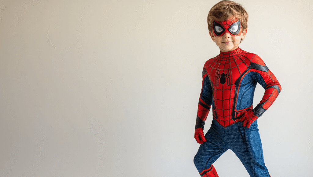 A young boy in a vibrant Spider-Man costume with detailed web textures and muscle padding, posed confidently on a clean white background during golden hour, highlighting the costume's craftsmanship and the child's excitement in a cozy Halloween atmosphere.