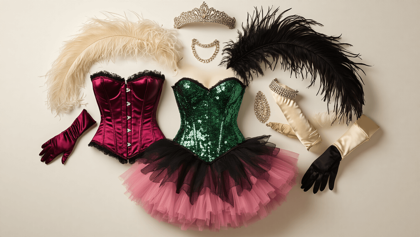 A luxurious arrangement of burlesque costumes including a burgundy corset, emerald sequined bodysuit, tulle layers, feather boas, a rhinestone headpiece, and satin gloves on a white background, illuminated by warm golden light.