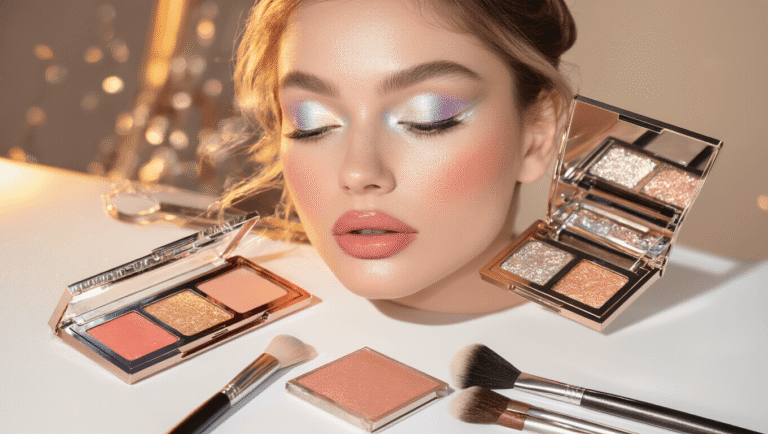 Close-up of a beauty transformation showcasing iridescent silver and champagne eyeshadow, pearlescent highlighter, peachy-pink blush, and nude glossy lips. The scene features makeup brushes and shimmery palettes on a clean white vanity in warm golden hour lighting, creating a luminous, goddess-like glow.