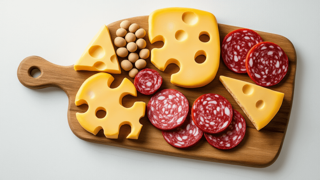 A whimsical charcuterie board costume with golden foam cheese shapes, red felt salami circles, and a wooden board prop, displayed on a clean white background with warm golden hour lighting, highlighting its rich textures and cozy crafted aesthetic.