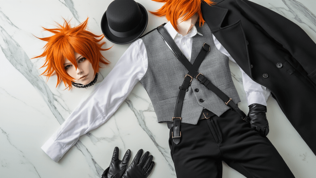 Flat lay of Chuuya Nakahara cosplay essentials including a white button-up shirt, black pants, grey vest, black harness, bowler hat, orange wig, choker necklace, leather gloves, and long coat on a marble surface, showcasing rich textures under warm lighting.