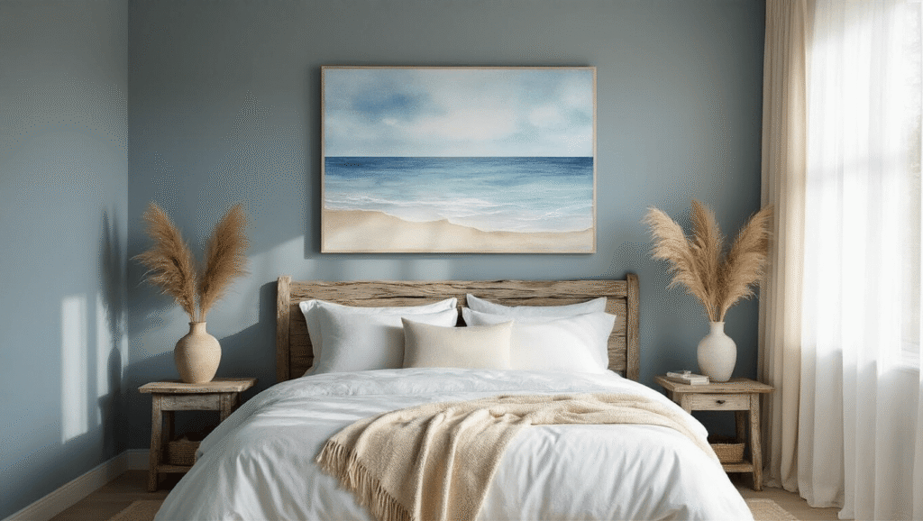 Ultra-realistic coastal bedroom with a large watercolor seascape canvas above a light driftwood king bed, adorned with crisp white linen bedding and a cream throw, bathed in morning sunlight filtering through sheer curtains, featuring a weathered side table with a ceramic vase of pampas grass, evoking a tranquil, spa-like atmosphere with calming ocean tones and natural textures.