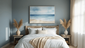 Ultra-realistic coastal bedroom with a large watercolor seascape canvas above a light driftwood king bed, adorned with crisp white linen bedding and a cream throw, bathed in morning sunlight filtering through sheer curtains, featuring a weathered side table with a ceramic vase of pampas grass, evoking a tranquil, spa-like atmosphere with calming ocean tones and natural textures.
