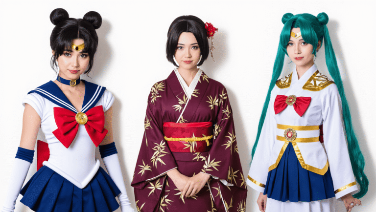 A vibrant collection of women's cosplay costumes on a clean white background, featuring a navy and white Sailor Moon uniform, a deep burgundy Nezuko kimono, and a white and blue Barbara priestess outfit, showcasing rich fabric textures and intricate details.