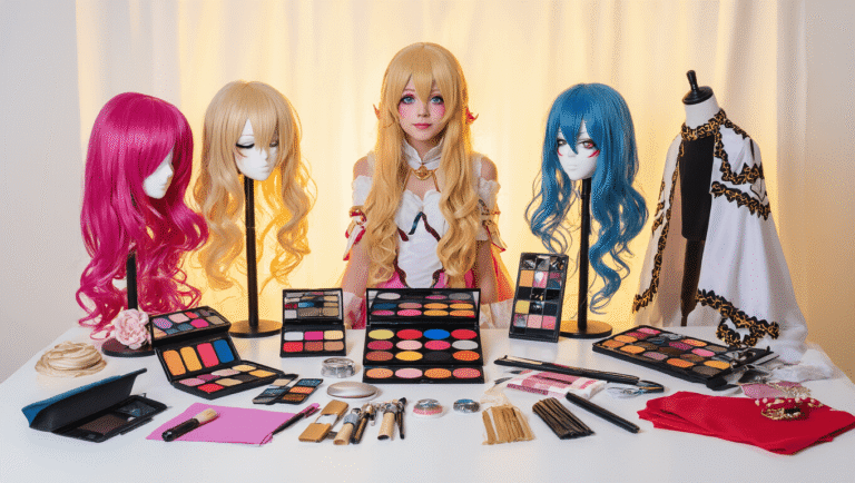 A creative workspace featuring colorful anime-style wigs on stands, vibrant makeup palettes, detailed costume pieces, contact lens cases, styling tools, and fabric swatches arranged on a clean white surface with warm golden lighting.