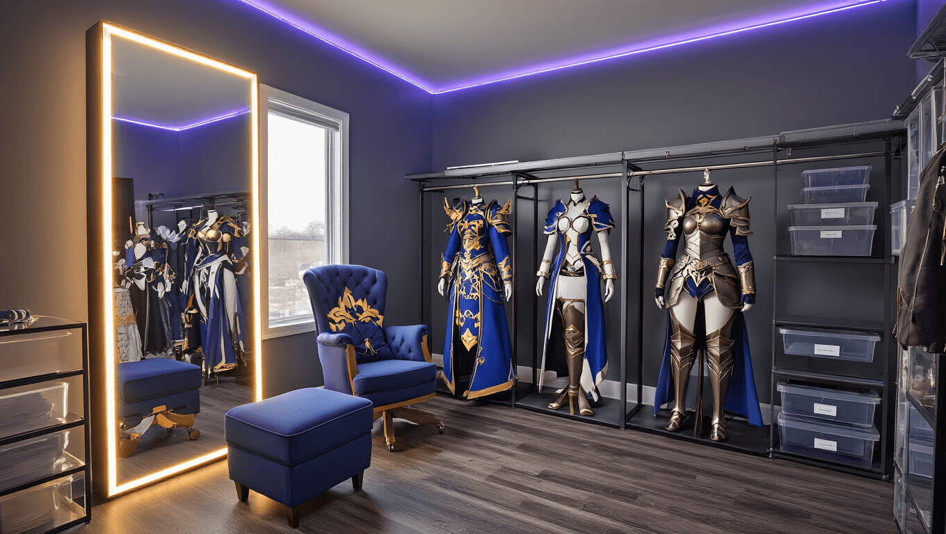 Cinematic wide-angle shot of a sophisticated cosplay lounge featuring charcoal gray walls, a full-length LED mirror, adjustable dress forms with Genshin Impact costumes, industrial racks with armor pieces, and deep navy accent seating, all illuminated by soft LED lighting and natural morning light.