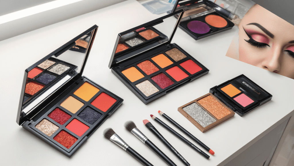 A clean white vanity with bold eyeshadow palettes, liquid eyeliner, false lashes, contour sticks, and beauty blenders, showcasing a cosplay makeup artist's workspace with bright studio lighting. A model displays half-completed makeup featuring dramatic eye details and sharp contouring, highlighting the transformation process.