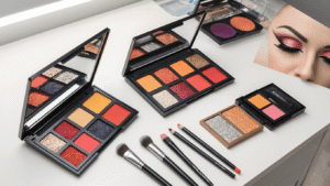 A clean white vanity with bold eyeshadow palettes, liquid eyeliner, false lashes, contour sticks, and beauty blenders, showcasing a cosplay makeup artist's workspace with bright studio lighting. A model displays half-completed makeup featuring dramatic eye details and sharp contouring, highlighting the transformation process.