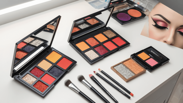 A clean white vanity with bold eyeshadow palettes, liquid eyeliner, false lashes, contour sticks, and beauty blenders, showcasing a cosplay makeup artist's workspace with bright studio lighting. A model displays half-completed makeup featuring dramatic eye details and sharp contouring, highlighting the transformation process.