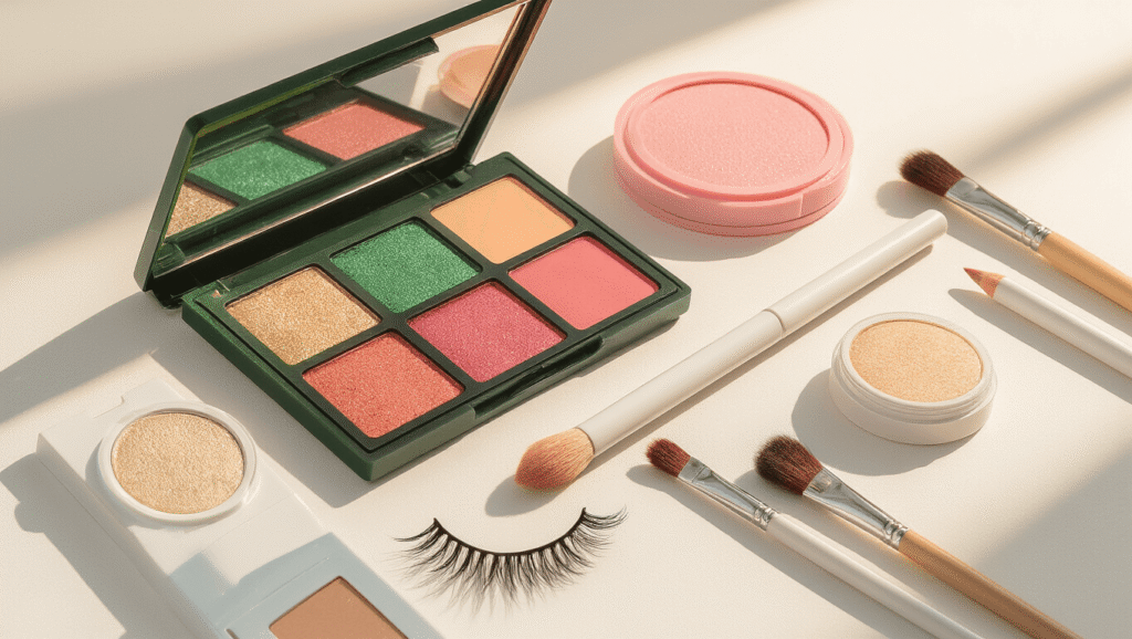 Cosplay makeup arrangement with emerald green eyeshadow, pink blush, white eyeliner, false eyelashes, eyebrow powder, and brushes on a white surface, illuminated by warm golden hour light.