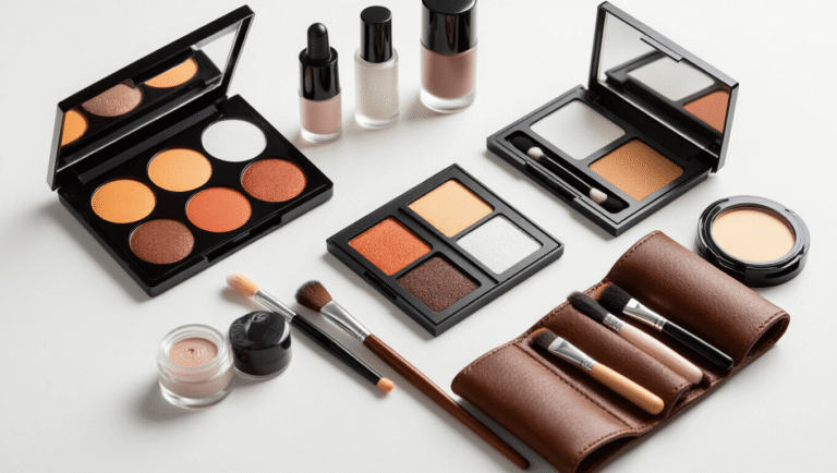 Flatlay of professional cosplay makeup essentials including colored contact lenses, eyeshadow palettes, false eyelashes, makeup brushes, primer bottles, and highlighter compacts on a clean white surface with soft studio lighting.