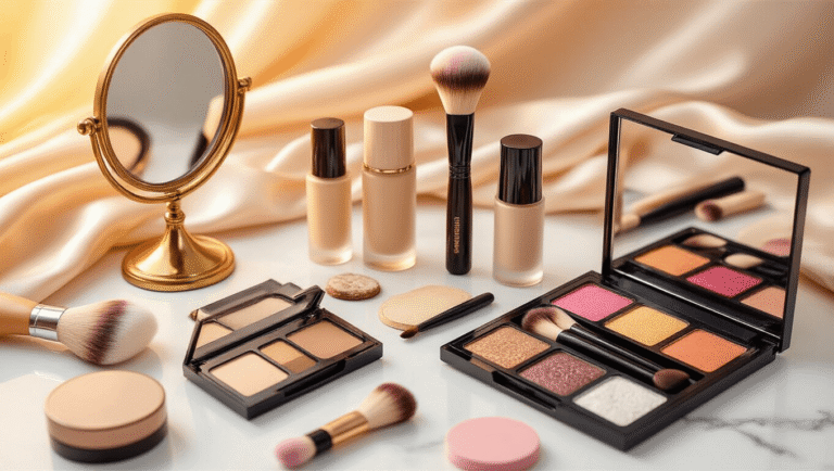 A well-organized cosplay makeup station on a white marble surface, featuring colorful eyeshadow palettes, professional brushes, foundation bottles, and delicate sponges, illuminated by warm golden hour lighting and accented by a vintage mirror and soft silk fabric.