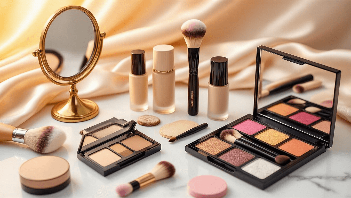 A well-organized cosplay makeup station on a white marble surface, featuring colorful eyeshadow palettes, professional brushes, foundation bottles, and delicate sponges, illuminated by warm golden hour lighting and accented by a vintage mirror and soft silk fabric.