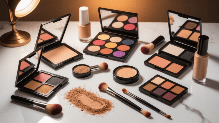 Elegant makeup transformation scene with colorful eyeshadow palettes, brushes, and beauty products arranged on a white marble surface, illuminated by warm studio lighting.