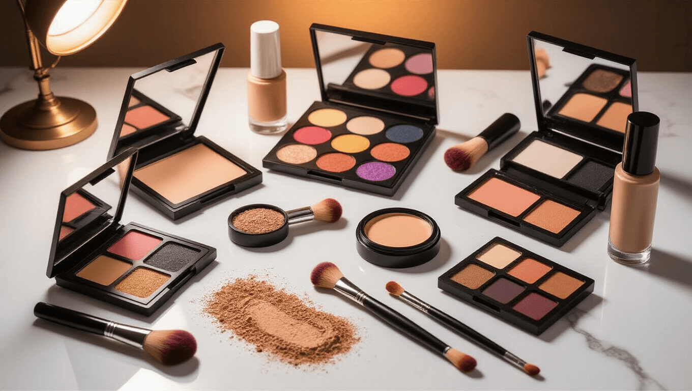 Elegant makeup transformation scene with colorful eyeshadow palettes, brushes, and beauty products arranged on a white marble surface, illuminated by warm studio lighting.
