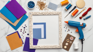 Cinematic overhead shot of an organized craft workspace featuring vibrant scrapbook papers, a hot glue gun with steam, rhinestones, felt sheets, precision cutting tools, and partially completed cosplay photo frames on a clean marble surface, enhanced by dramatic side lighting and colorful embroidery floss spools.