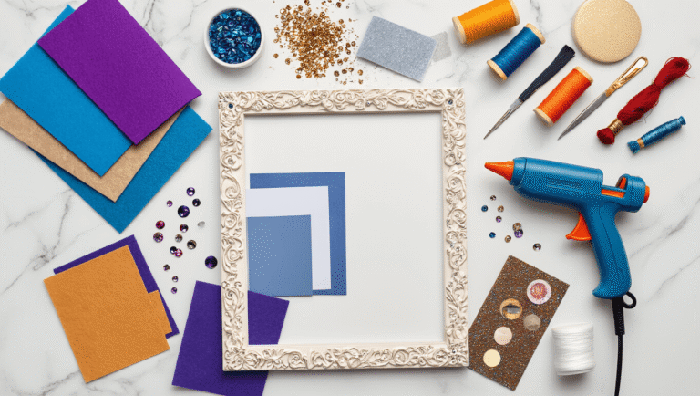 Cinematic overhead shot of an organized craft workspace featuring vibrant scrapbook papers, a hot glue gun with steam, rhinestones, felt sheets, precision cutting tools, and partially completed cosplay photo frames on a clean marble surface, enhanced by dramatic side lighting and colorful embroidery floss spools.