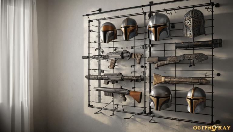 Ultra-detailed display of sci-fi helmets and fantasy weapons on a matte black wire rack in a modern apartment, softly illuminated by golden afternoon light filtering through white curtains, highlighting textures and craftsmanship against a textured gray wall.