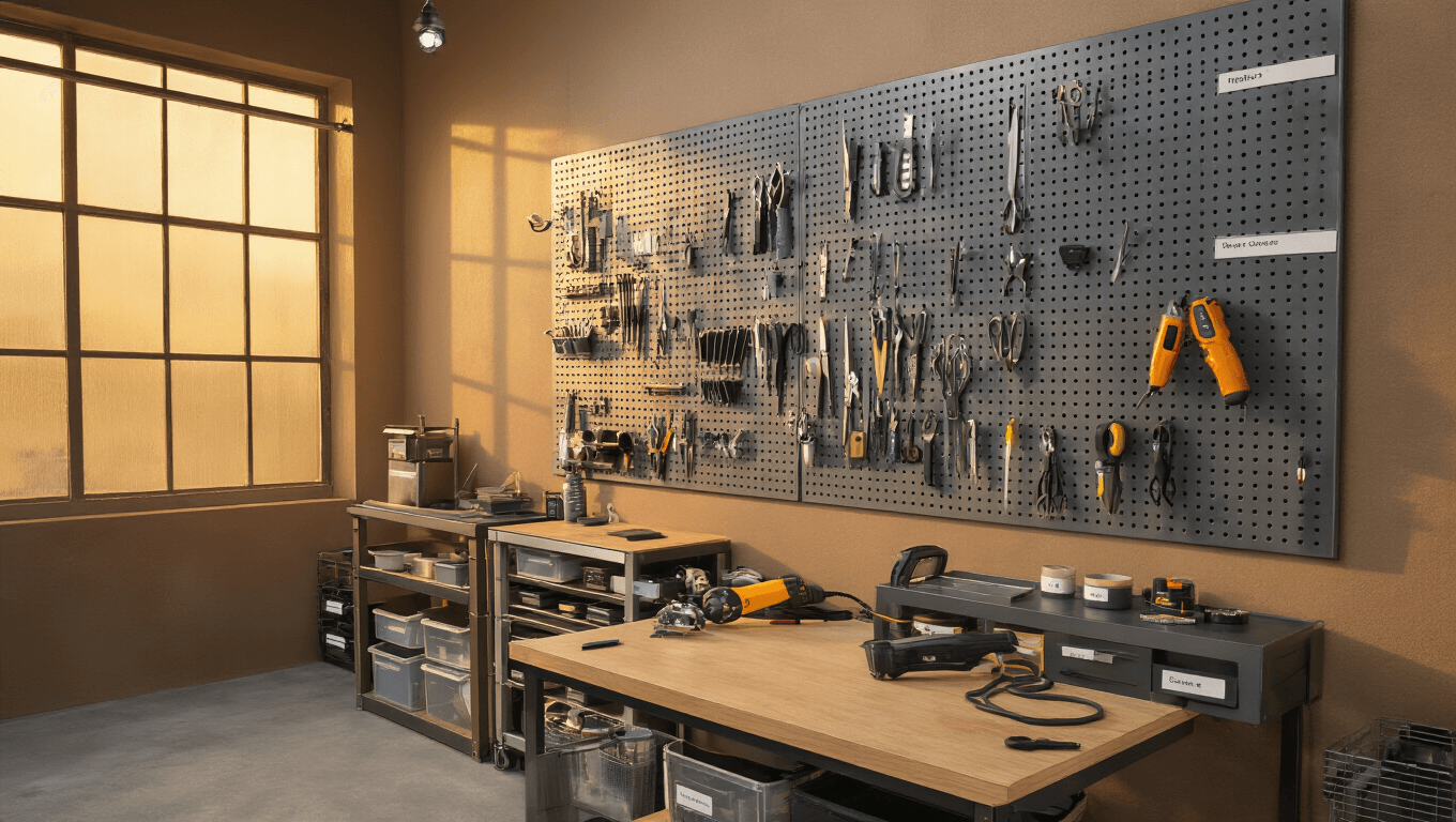 Ultra-detailed cosplay workshop interior with a metal pegboard and tools organized on a warm taupe wall, illuminated by golden afternoon light from an industrial window, showcasing a minimalist aesthetic and hyper-realistic textures.