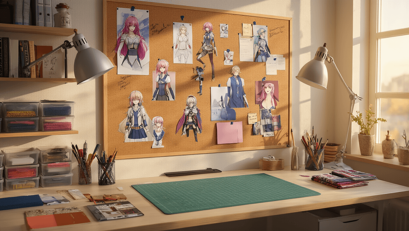 Cinematic overhead view of a detailed cosplay workspace showcasing a cork inspiration board filled with character reference images, colorful fabric swatches, and notes, bathed in golden morning light, with organized tools and materials on a craft table.