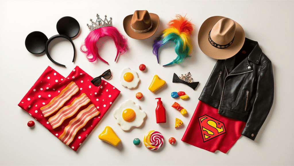 A flat lay of whimsical Halloween costume elements including Mickey Mouse ears, cowboy hats, colorful wigs, superhero capes, and fun food props, arranged on a clean white background with soft golden hour lighting, creating a playful and romantic atmosphere.
