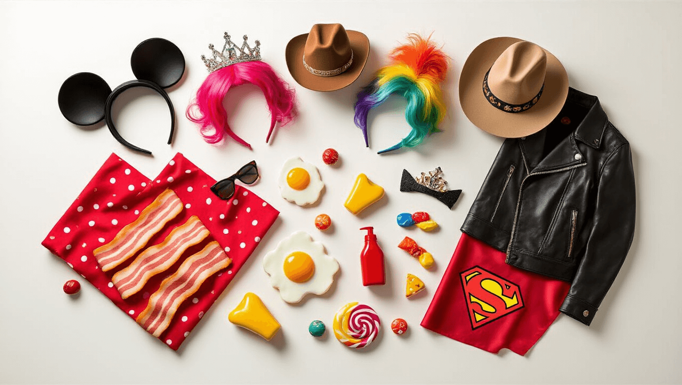 A flat lay of whimsical Halloween costume elements including Mickey Mouse ears, cowboy hats, colorful wigs, superhero capes, and fun food props, arranged on a clean white background with soft golden hour lighting, creating a playful and romantic atmosphere.