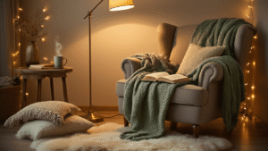 Cozy reading corner featuring an oversized taupe armchair draped with a chunky sage knit blanket, alongside velvet cushions in warm cream tones. A brass floor lamp casts a warm glow over a reclaimed wood side table with a steaming mug and an open book, set on a soft sheepskin rug. Soft fairy lights and textured throw pillows enhance the inviting hygge aesthetic in this peaceful sanctuary.