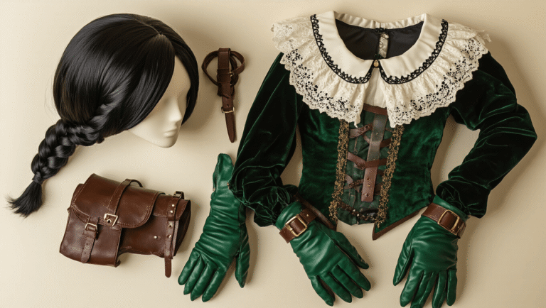 Flat lay of dark hair cosplay accessories including a sleek black braided wig, leather holsters, gothic white Peter Pan collar, emerald green gloves, and vintage lace details on a white background, illuminated by warm golden hour lighting.