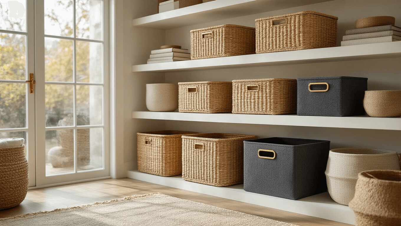 Cinematic wide shot of layered decorative storage organization featuring handwoven rattan baskets, charcoal felt bins, and natural fiber containers on white floating shelves, illuminated by soft golden light from floor-to-ceiling windows, highlighting intricate textures against a warm neutral palette.