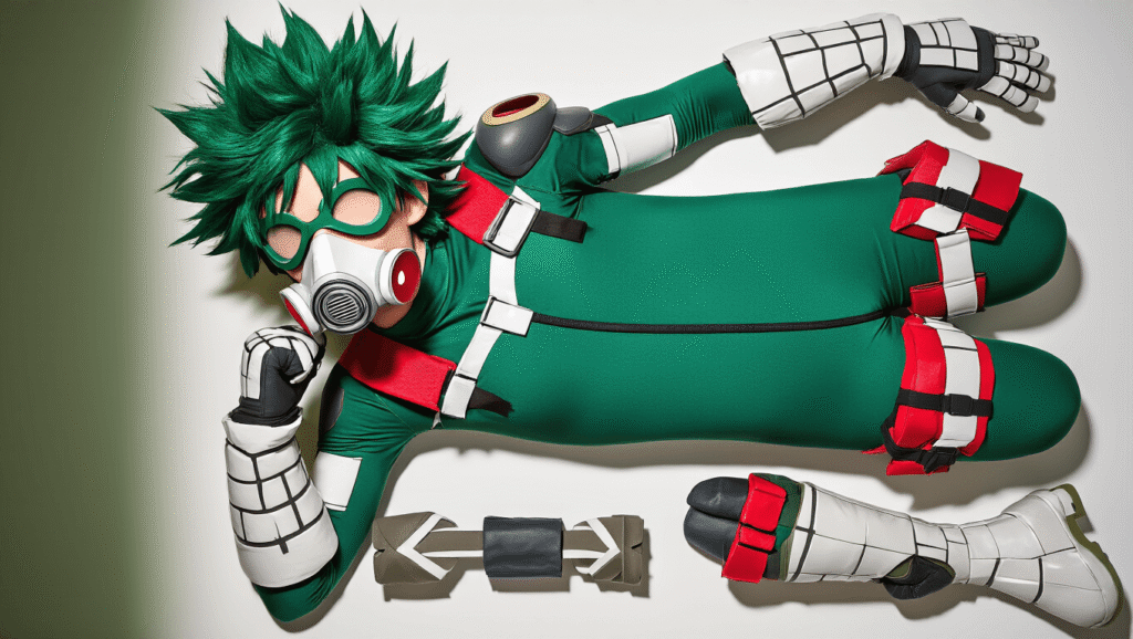 Flat lay of a detailed Deku hero costume featuring a green jumpsuit, red belt, white boots, EVA foam gloves, respirator mask, and messy green wig on a clean white surface, with warm lighting enhancing the vibrant colors and textures.