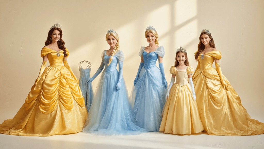 Display of Disney princess Halloween costumes featuring golden Belle gowns, icy blue Elsa dresses, and vibrant accessories like tiaras and jewelry on a cream background with soft studio lighting.