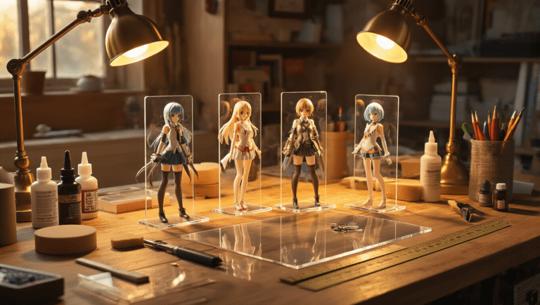 Cinematic overhead shot of a modern craft workshop with warm golden hour light, showcasing a reclaimed oak workbench cluttered with acrylic sheets, tools, and anime figures on transparent stands, casting subtle reflections and illuminated by a warm brass lamp, creating a cozy and creative atmosphere.