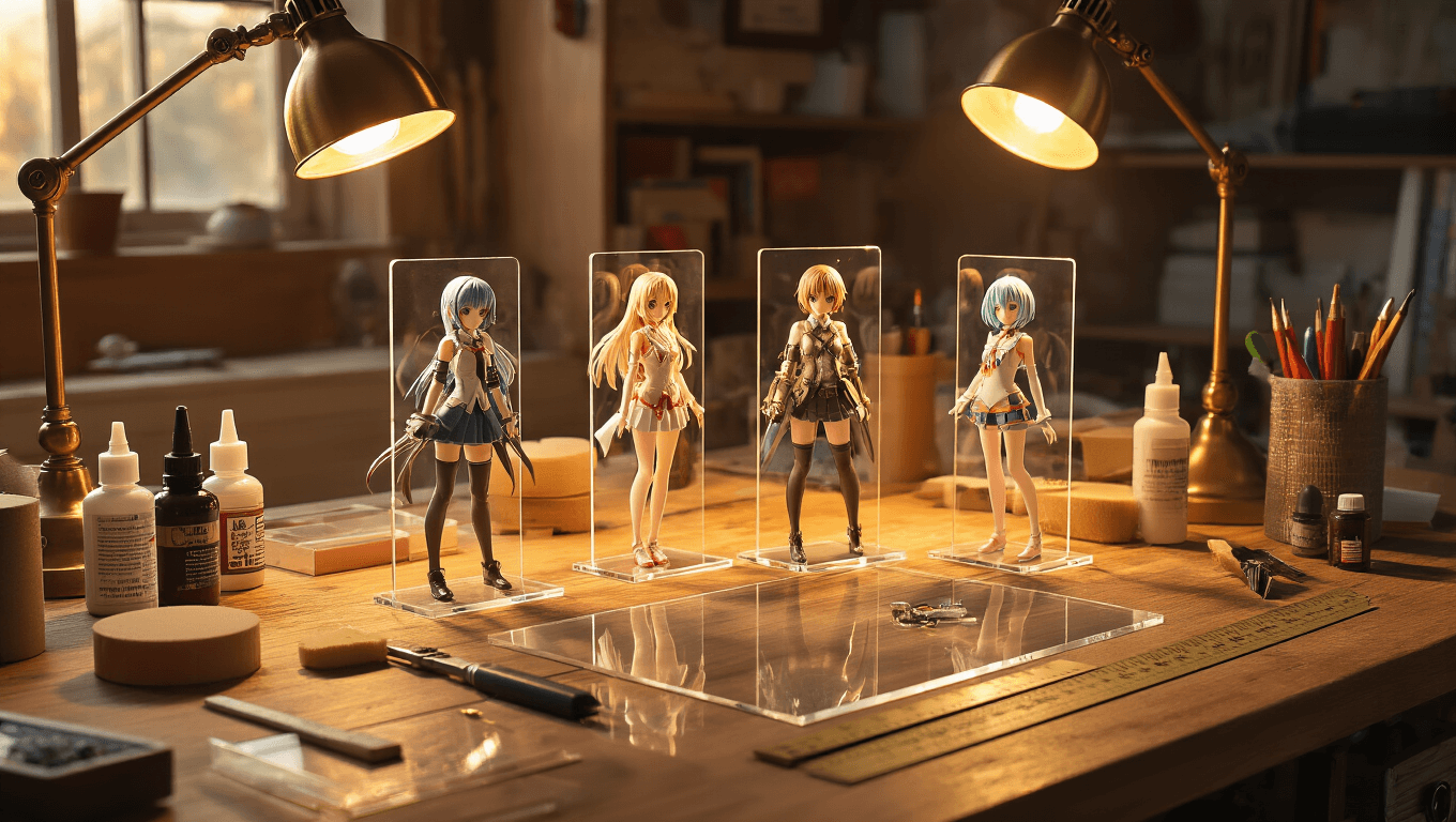 Cinematic overhead shot of a modern craft workshop with warm golden hour light, showcasing a reclaimed oak workbench cluttered with acrylic sheets, tools, and anime figures on transparent stands, casting subtle reflections and illuminated by a warm brass lamp, creating a cozy and creative atmosphere.