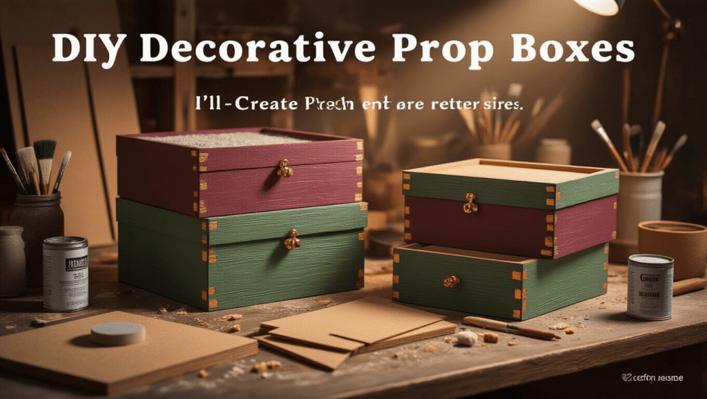 Warm-lit craft workspace showcasing half-finished decorative boxes with layered textures, including foam board strips, paint highlights, and scattered crafting tools, evoking a cozy atmosphere of creativity and craftsmanship.