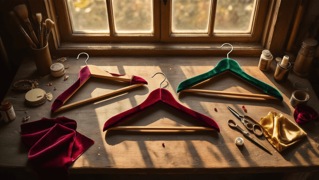 Cinematic overhead view of a craft workspace with wooden hangers being wrapped in jewel-toned velvet ribbons and satin strips, surrounded by fabric scraps, vintage scissors, and warm golden hour lighting.