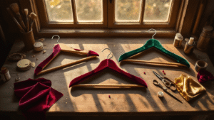 Cinematic overhead view of a craft workspace with wooden hangers being wrapped in jewel-toned velvet ribbons and satin strips, surrounded by fabric scraps, vintage scissors, and warm golden hour lighting.