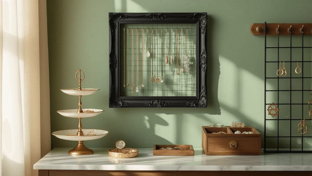 Luxurious modern bedroom featuring an ornate matte black jewelry organizer on a sage green wall, showcasing delicate gold and silver necklaces, a vintage china stand holding rings and earrings, and warm ambient lighting enhancing the rich color palette.