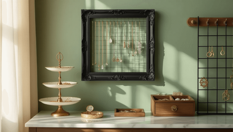 Luxurious modern bedroom featuring an ornate matte black jewelry organizer on a sage green wall, showcasing delicate gold and silver necklaces, a vintage china stand holding rings and earrings, and warm ambient lighting enhancing the rich color palette.