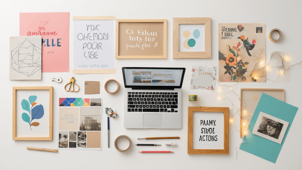 Overhead view of a DIY poster creation workspace featuring colorful posters, design sketches, a laptop displaying the Canva interface, frame samples, a printer with fresh prints, scissors, measuring tape, pencils, washi tape rolls, fairy lights, and an inspiration mood board, all set on a clean white background with warm natural lighting and soft shadows.