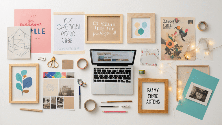 Overhead view of a DIY poster creation workspace featuring colorful posters, design sketches, a laptop displaying the Canva interface, frame samples, a printer with fresh prints, scissors, measuring tape, pencils, washi tape rolls, fairy lights, and an inspiration mood board, all set on a clean white background with warm natural lighting and soft shadows.