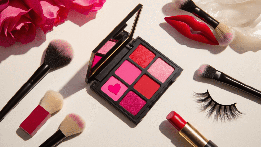Flatlay of Draculaura cosplay makeup including pale pink foundation, magenta and red eyeshadow palette, dramatic black eyeliner, red lipstick, fluffy brushes, heart stencil, and false eyelashes on a clean white background with warm golden lighting.