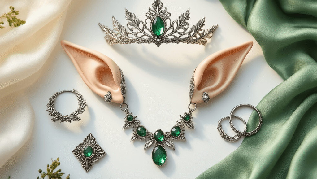 Close-up flat lay of elf cosplay essentials including pointed latex ears, ornate silver tiara with crystals, intricate ear cuffs, woodland-themed necklaces with emerald gems, and medieval rings, arranged on a clean white surface with flowing green silk, creating an ethereal mood.