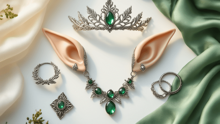 Close-up flat lay of elf cosplay essentials including pointed latex ears, ornate silver tiara with crystals, intricate ear cuffs, woodland-themed necklaces with emerald gems, and medieval rings, arranged on a clean white surface with flowing green silk, creating an ethereal mood.